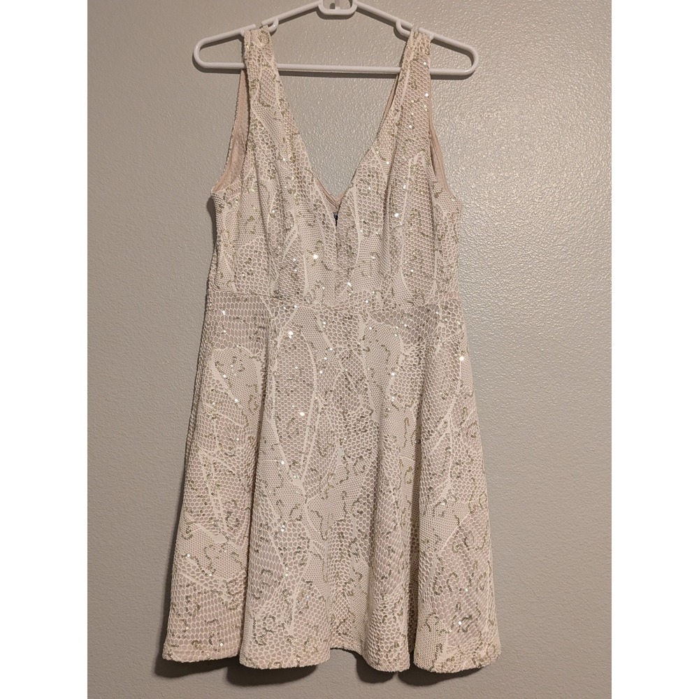 Bailey Blue Womens XL White Gold Sequin Lace Fit Flare V-Neck Dress 3JTIN0454